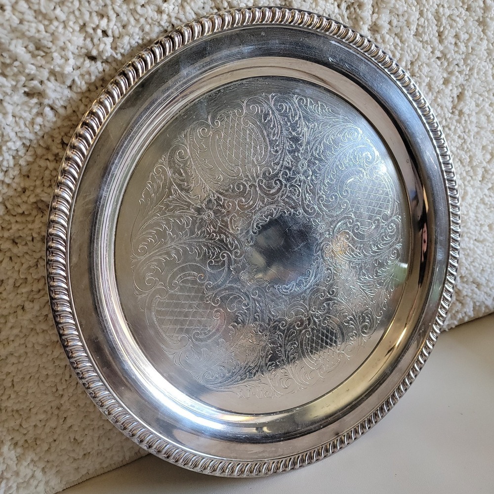 VTG Leonard Silverplate Round 15" Ornate Floral Serving Tray Platter